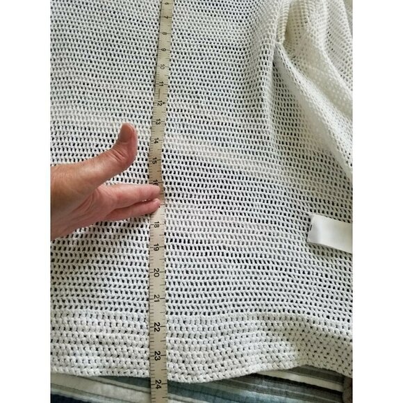 DKNY White Open Weave 100% Cotton Cardigan Elbow Length Sleeves Front Drape M/L - Picture 7 of 9